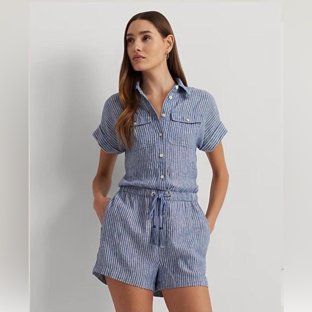 SOLD🚨Lauren Ralph Lauren Pinstripe Linen Short-Sleeve Romper